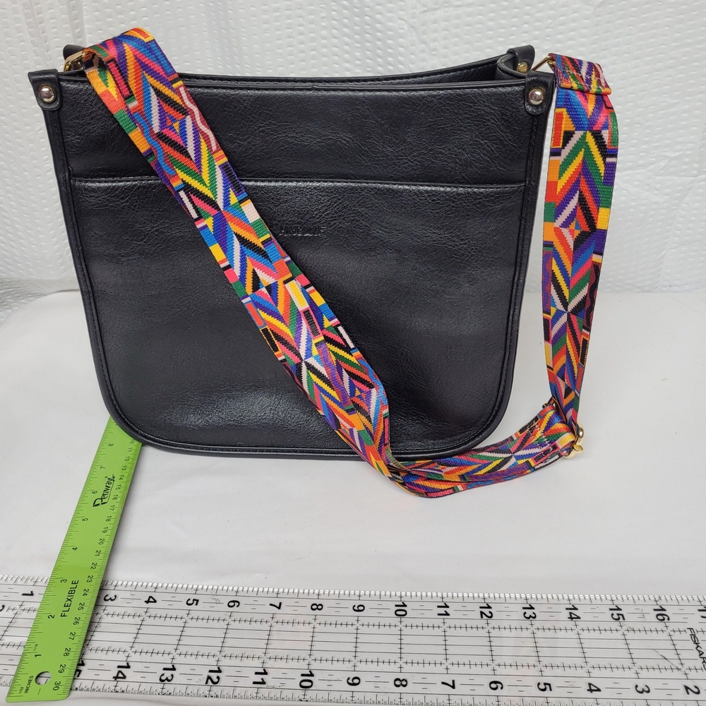 MKPCW Black Vegan Leather Crossbody‎ Bag with Multi-Color Guitar Strap Hobo